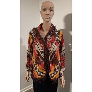 BILLABONG Boho Brown Orange Aztec Southwest Fringe Open No Buttons Cardigan LRG